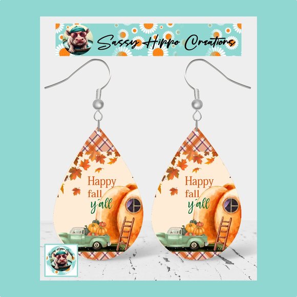 Earrings Happy Fall Y'all Autumn Leaves Pumpkin Truck Hand Sublimated Printed - Picture 1 of 4